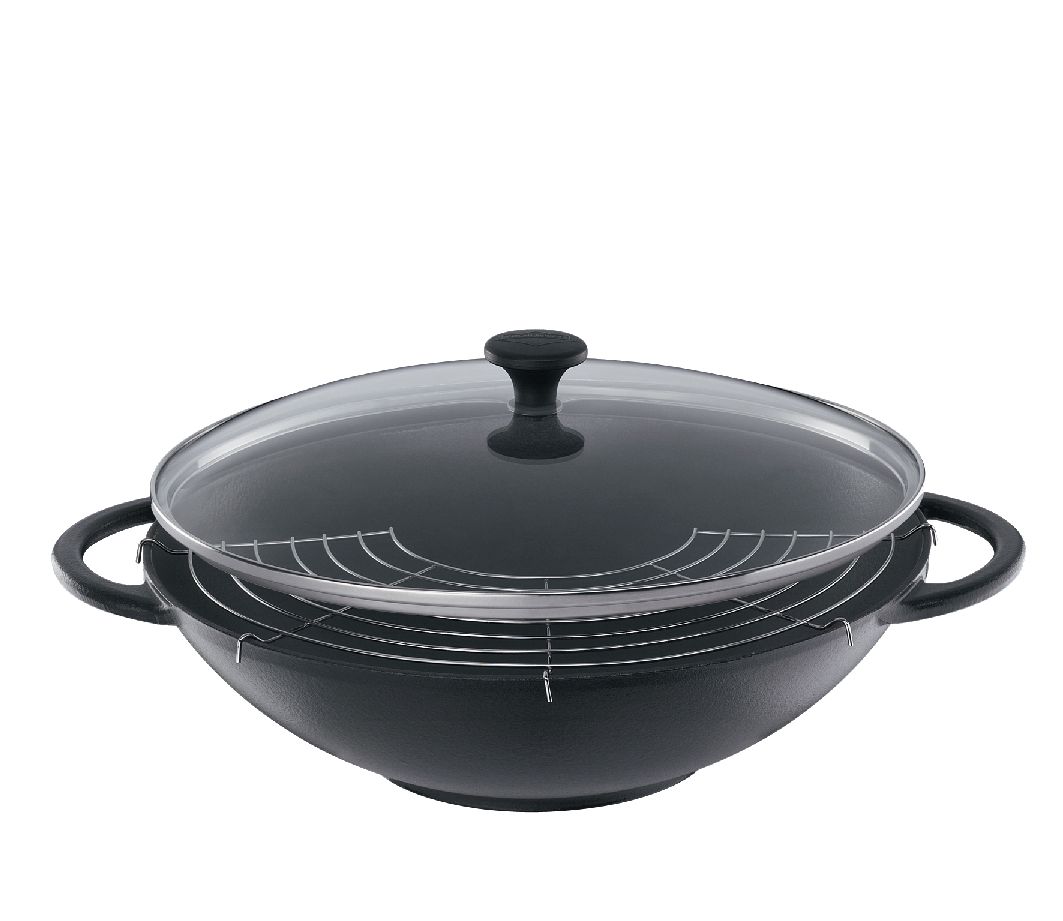 Fotografie Litinová wok pánev se skleněnou poklicí Provence 36 cm černá - Küchenprofi