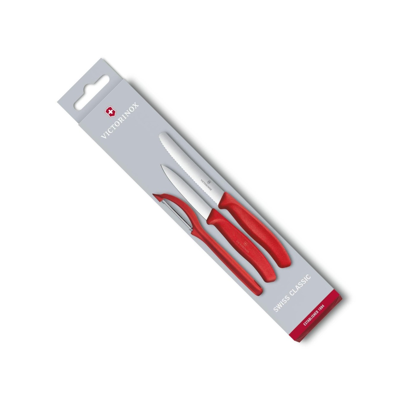 Fotografie Sada kuchyňských nožů a škrabka červená SWISS CLASSIC - Victorinox