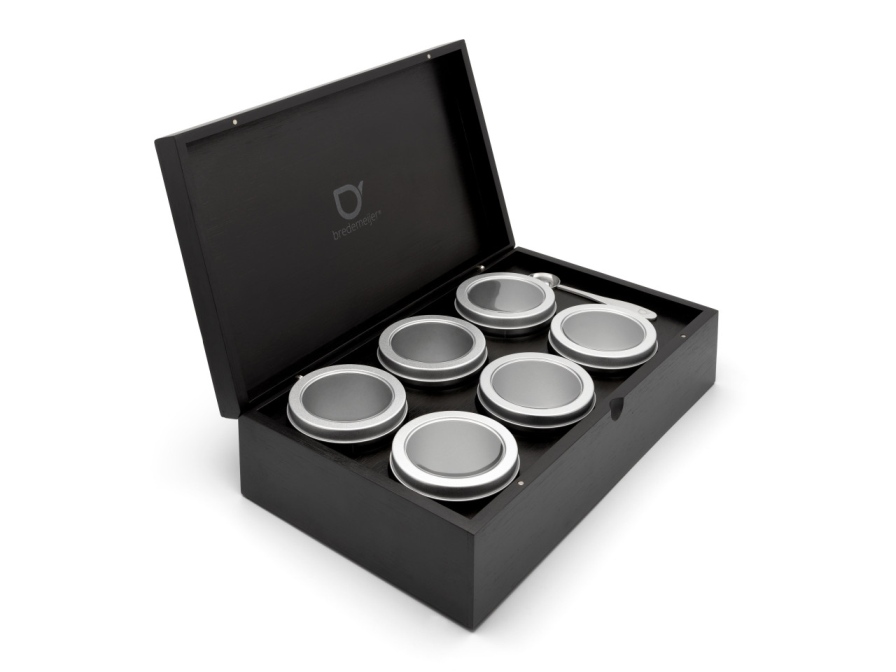 Krabička na sypaný čaj BLACK, s 6 dózami a odměrkou - Bredemeijer